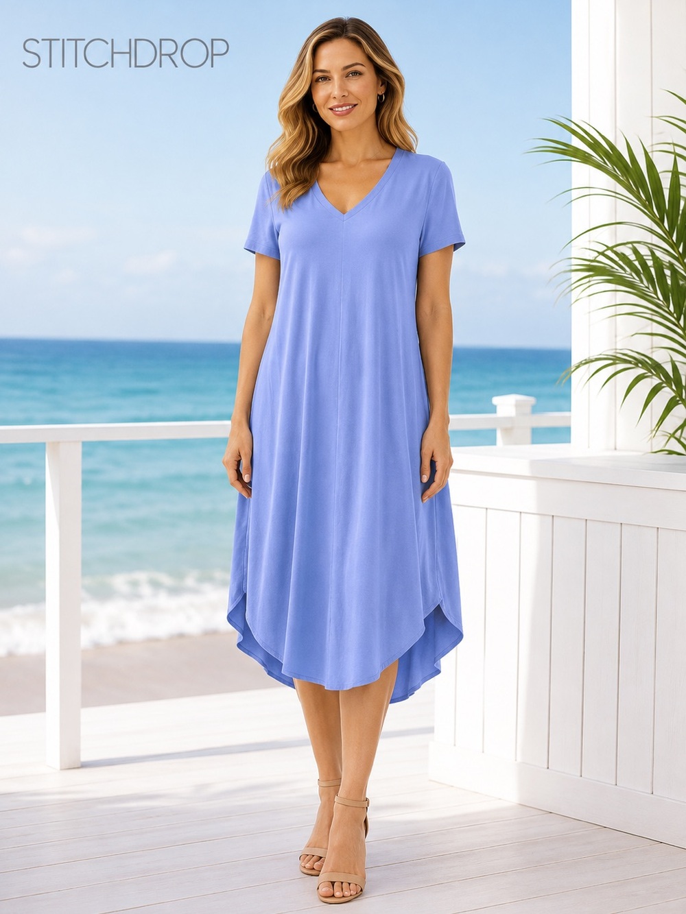 StitchDrop Lavender Blue Cotton V-Neck Shirttail Hem T-Shirt Dress